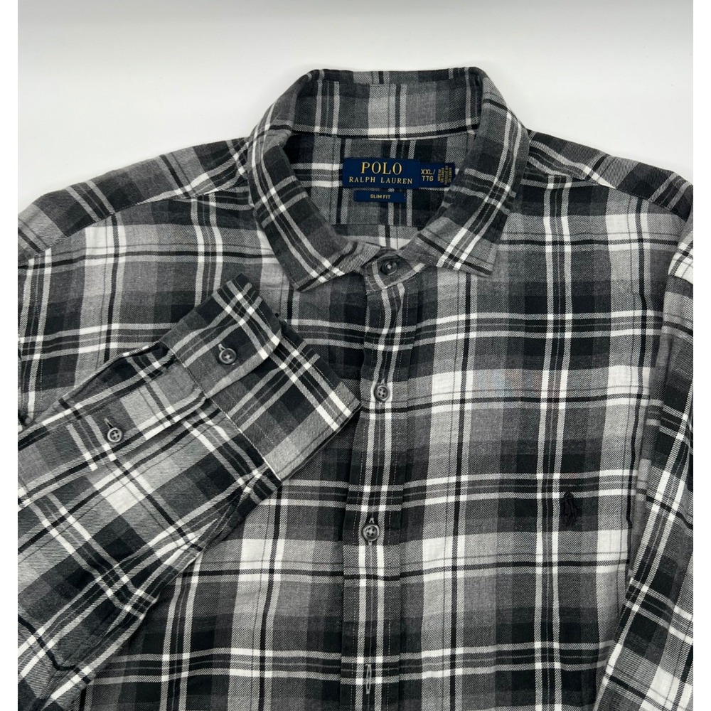 Polo Ralph Lauren Mens‎ XXL Slim Fit Plaid Flannel Shirt Black White 0535
